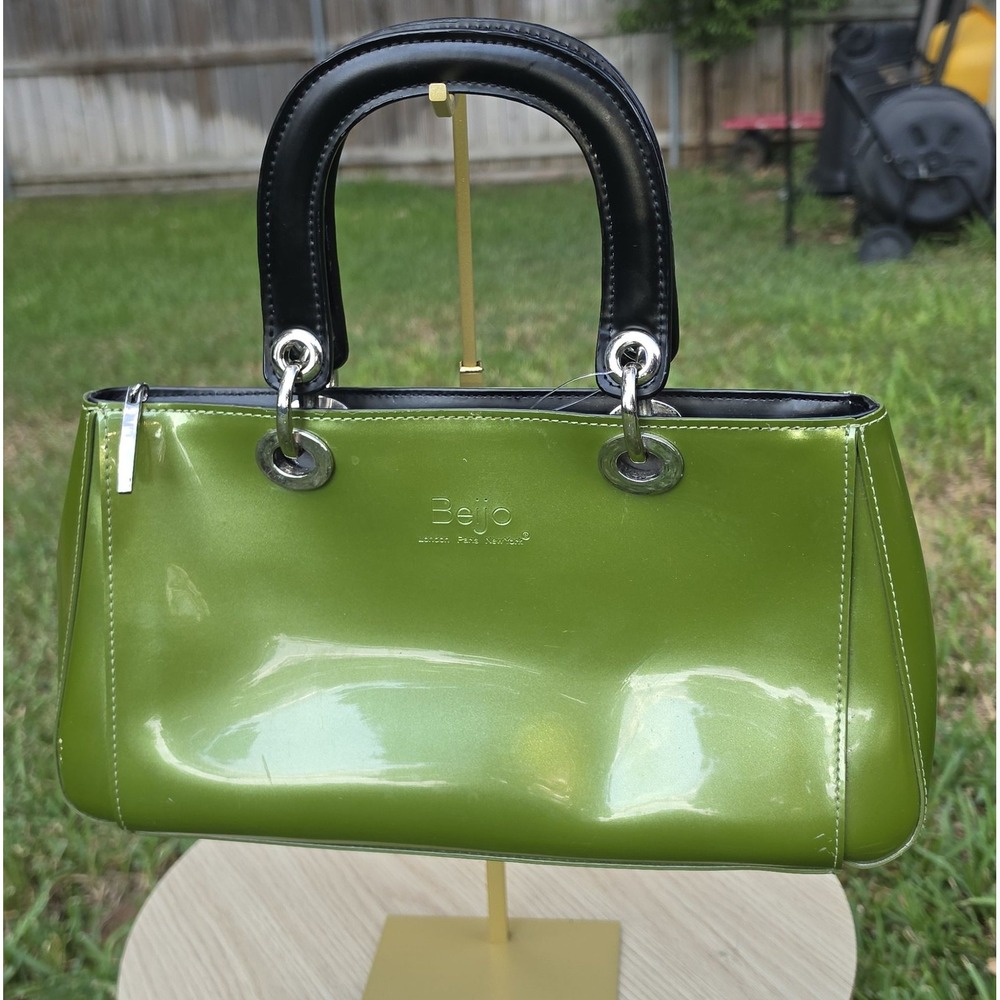Beijo Lime Green Patent Leather Satchel Bag Black Handles Silver Hardware